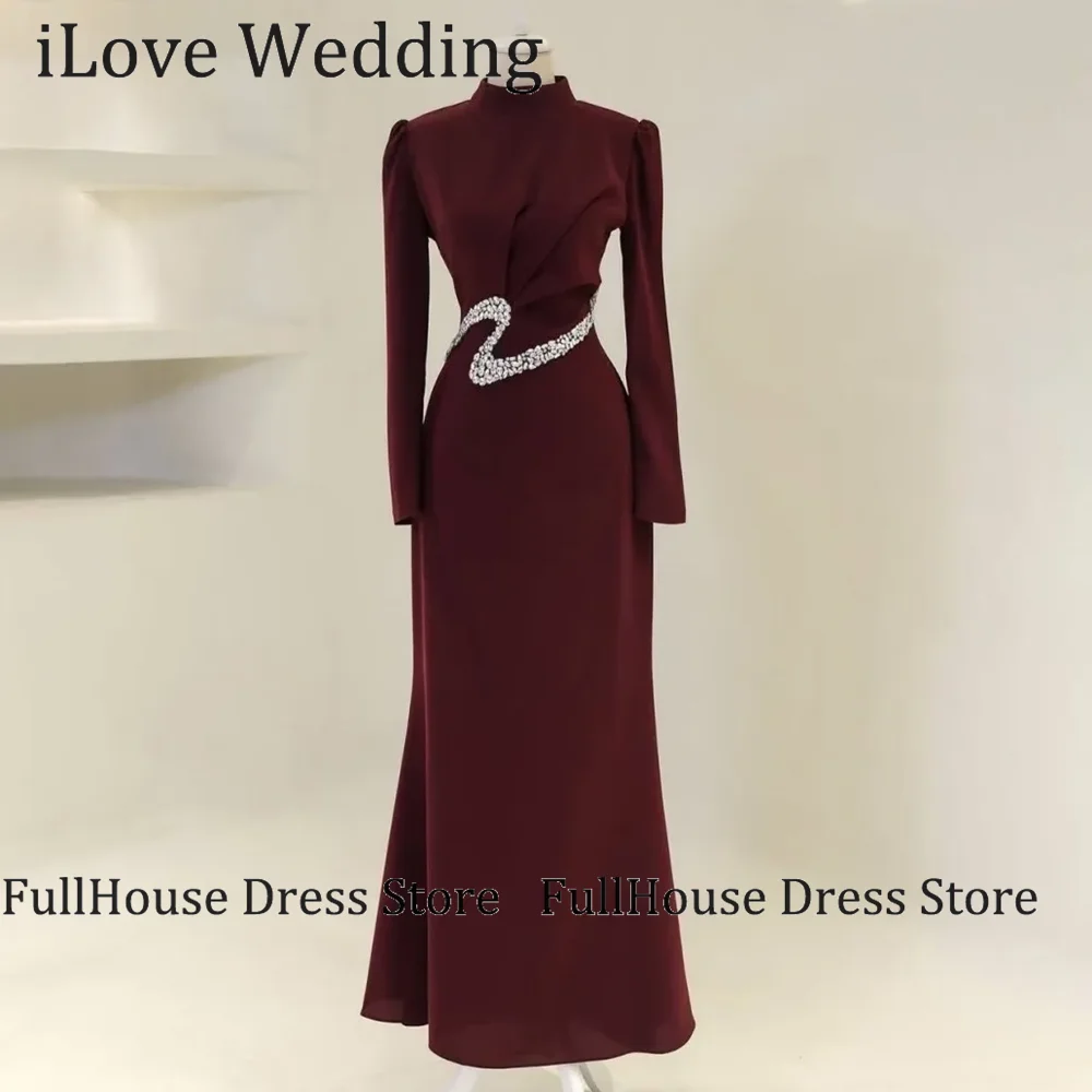 

Bespoke Occasion Women's Graceful High Neck Long Sleeve Beaded Crystal Evening Dress Sheath Floor Length Backless Prom Dress