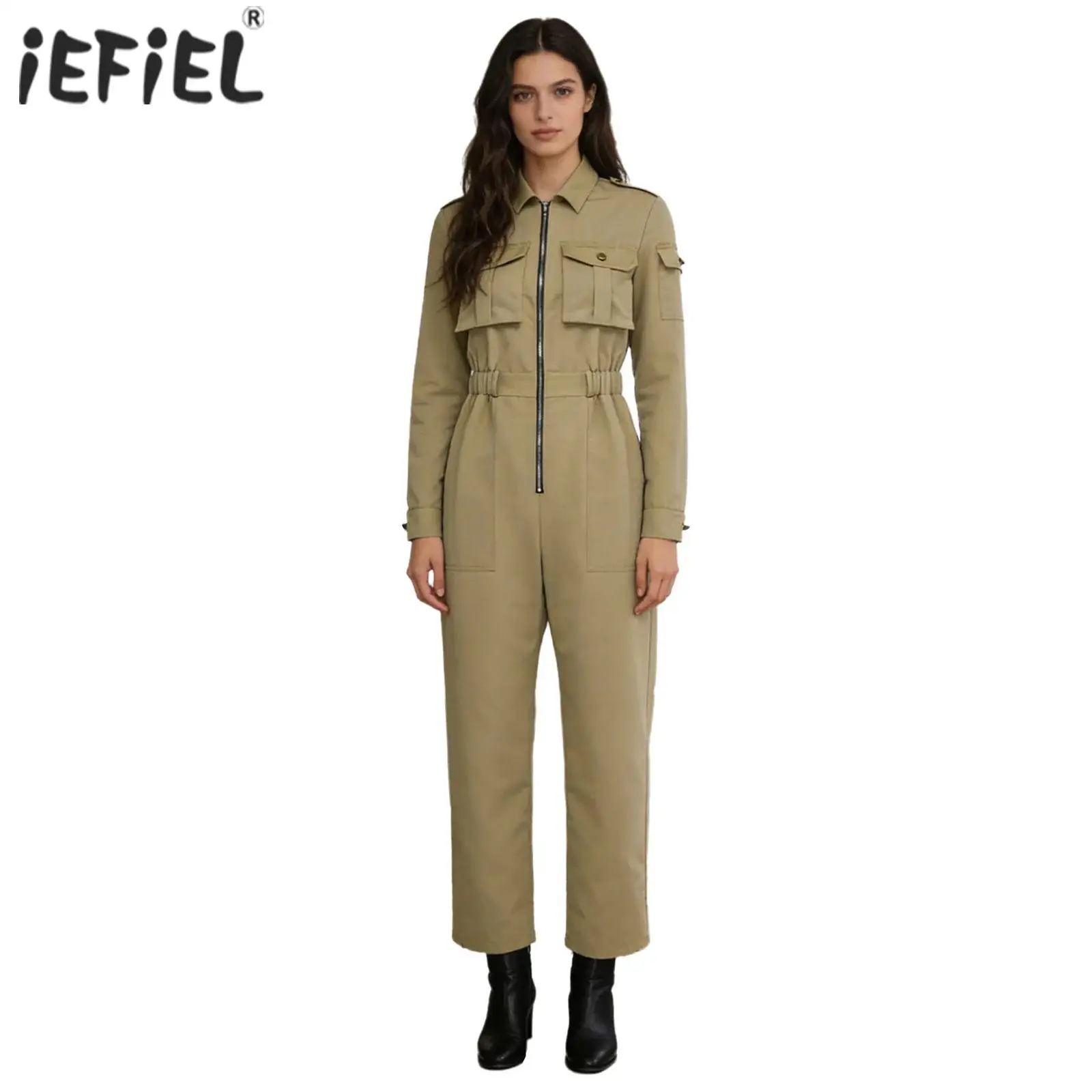 

Womens Cargo Overalls Rompers Workwear Multi-pocket Long Sleeve Coveralls Jumpsuit Front Zipper Wide Leg Pants Streetwear