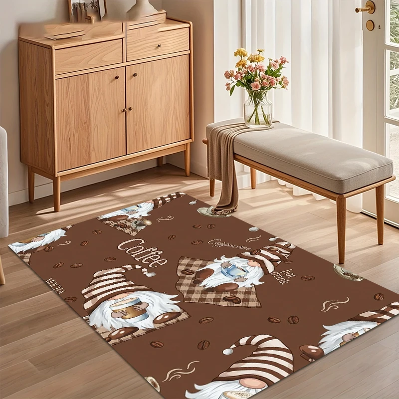 Cute Coffee Gnome and Bean Print Area Rug, Soft Non-Slip Floor Mat for Kitchen Living Room Rustic Farmhouse Home Decor