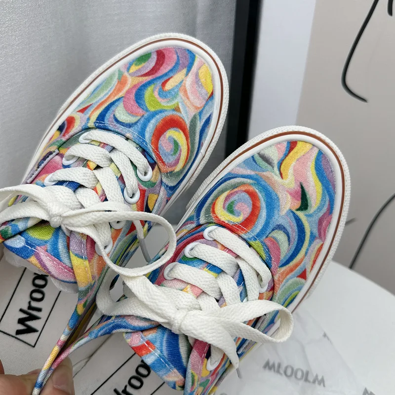 Flat Women Blue Checkered Canvas Sneakers Lace Up Girls Rainbow Canvas Shoes Students School Basic Plaid Casual Shoes 35-40