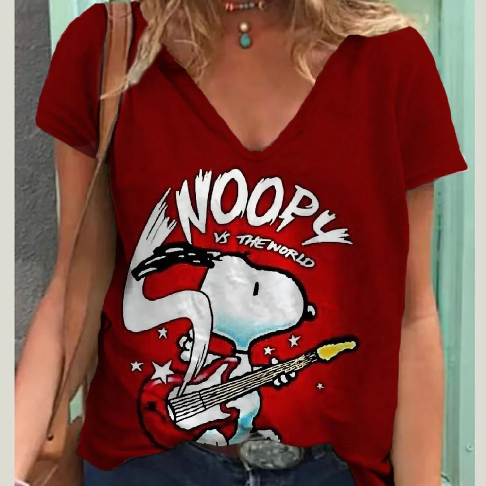 

V-Neck Women's Sexy T-shirts Short Sleeve Breathable Simple Snoopy cartoon print Tops T-shirt Fun patterns 15 Color Pullover Top