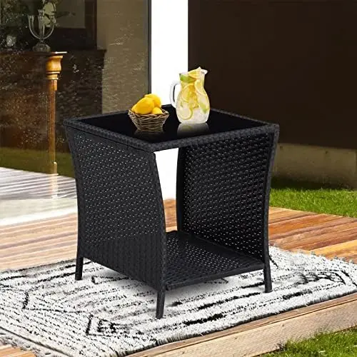 

Wicker Rattan with Glass Top and Bistro Woven Outdoor Patio Square End Tables Garden Porch Sofa Tables Black Hallway table