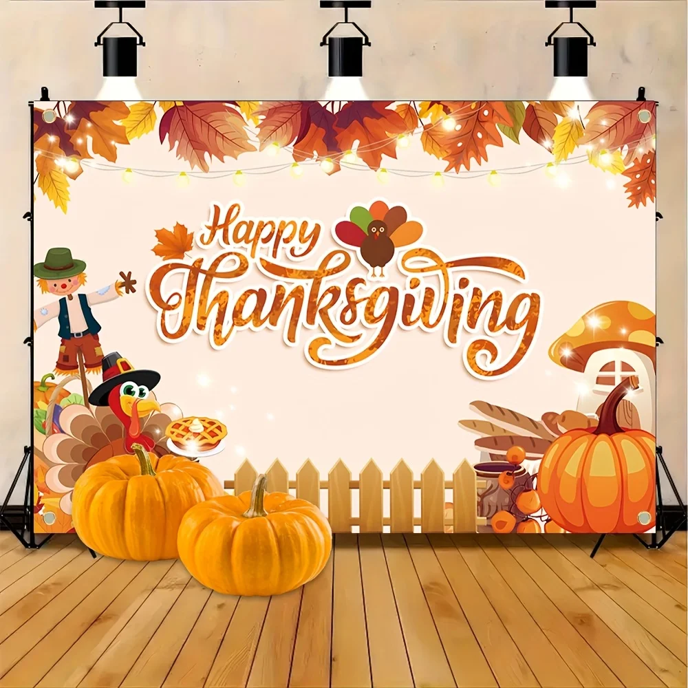 1 pancarta con diseño de otoño, ambiente cálido de Acción de Gracias, diseño de pavo sosteniendo una tarta y un diseño de calabaza.