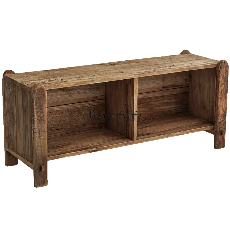 

Old Pine Wood Shoe Changing Stool Retro Chinese Style Entrance Solid Wood Long Stool Entryway Storage Low Cabinet