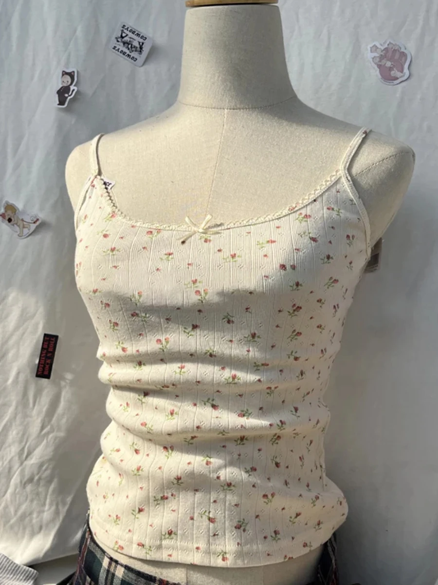 

Fashion Sweet Floral Print Bow Tank Tops Women Summer Hollow Out Cotton Beige Harajuku Slim Vests Female Vintage Cute Camisole