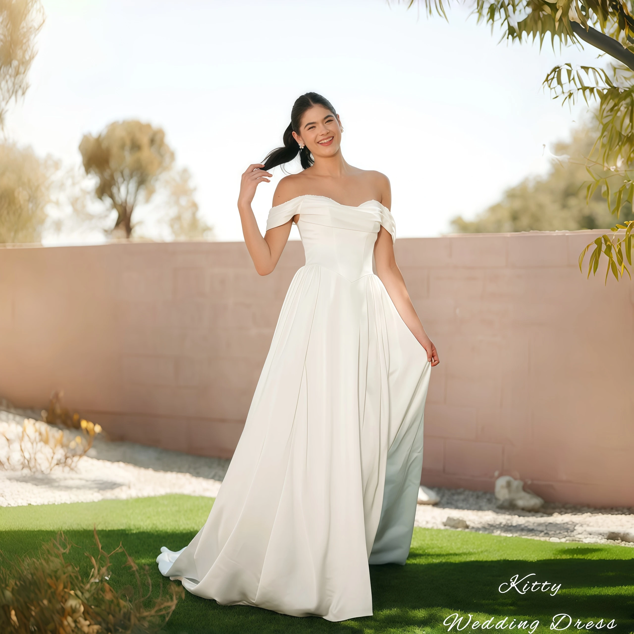 

Kitty Customized Elegant Wedding Dress Off-the-Shoulder Sweetheart Neckline Corset Bodice Beaded Satin A-Line Train Bridal Gowns