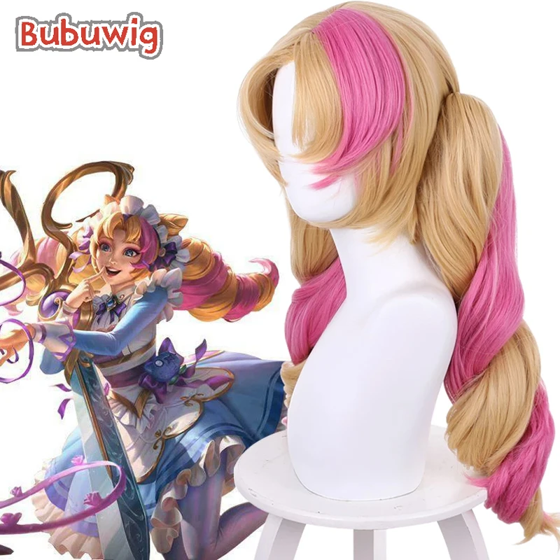 Bubuwig Synthetic Hair LOL Cafe Cutie Gwen Cosplay Wig Women 50cm Long Curly Blonde Mixed Pink Ponytail Wigs Heat Resistant