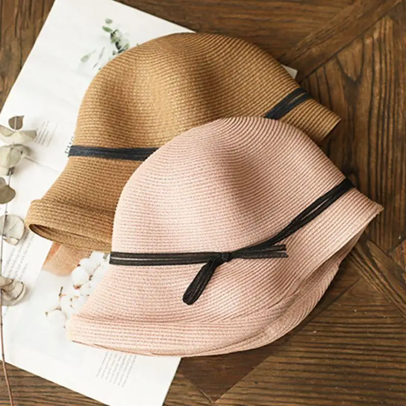 L5YA النساء هيبورن خمر المنسوجة لقبعة الشمس أنيقة التباين اللون Bowknot قصيرة نشمر حافة طوي الصيف غطاء دلو