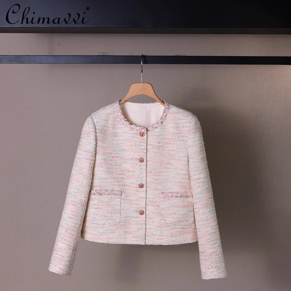 

French Elegant Fashion Socialite Pink Short Jacket Sequin Round Neck Long Sleeve Single-Breasted Straight Wool Top Jackets Women