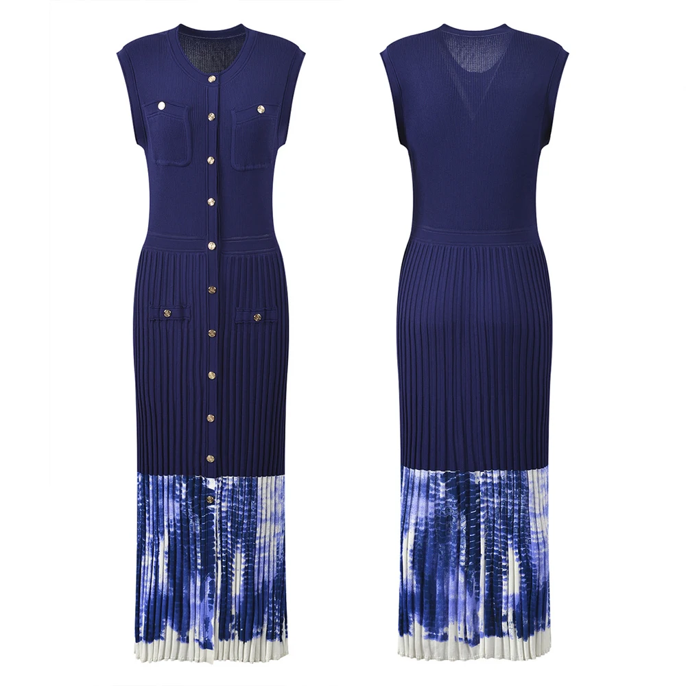 YuooMuoo Merk Mode Een stuk Gebreide Maxi Jurk Vrouwen Elegante Gradiënt Tie Dye Patchwork Geplooide Trui Jurk Party Vestido
