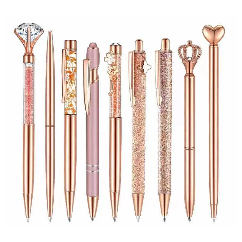 9pcs Custom Logo Same Color Pen Set Diamond Ballpoint Pen Student Business Office Metal Pen Luxury Engraving Name Gift Pen Set