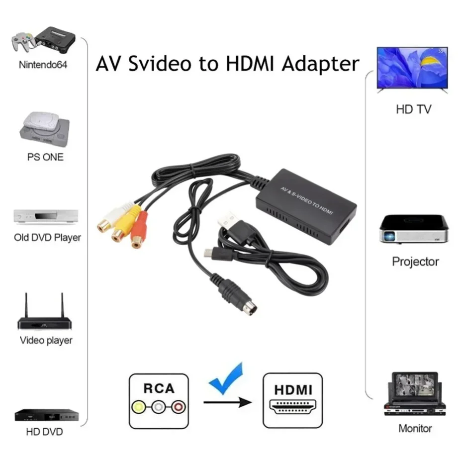 1080P AV Svideo do HDMI-kompatybilny konwerter wideo kabel Adapter RCA do HDMI dla DVD HD TV STB Compatble z PS2/PS3