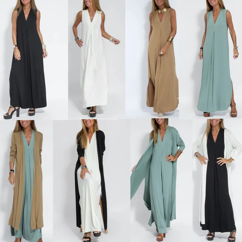 Women Elegant Cardigan Dress Set Solid Long-sleeved Loose Jacket Slit Sleeveless Dresses Ladies Casual Office Street Vacation