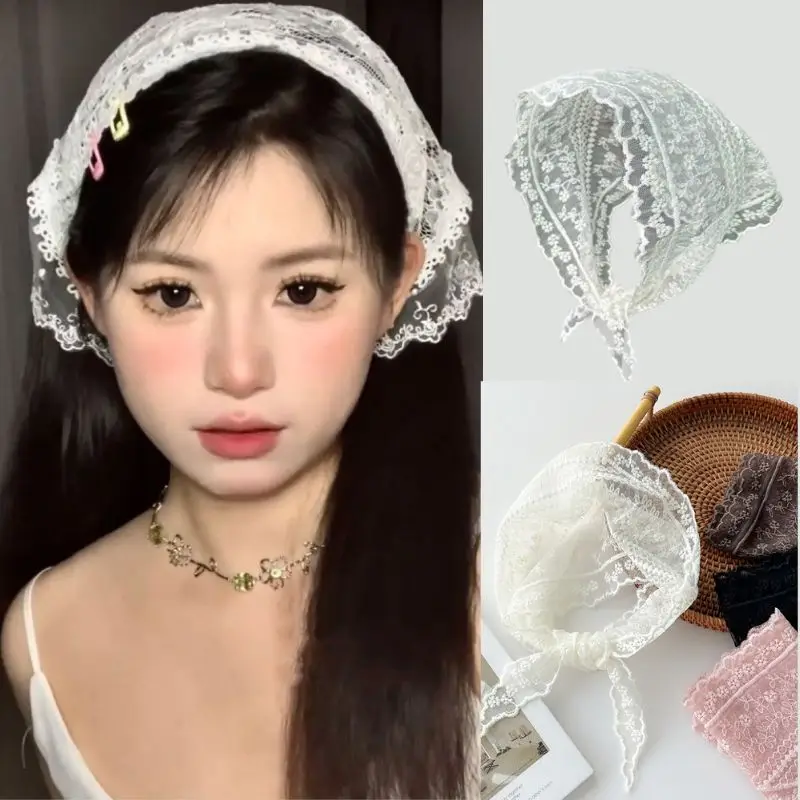 Lace Triangle Headscarf Woman White Fashion Bandana Turban Sweet Turban Cap Girl Korean Hair Band Flower DIY Hair Accessories