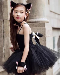 Black Cat Tutu Dress for Girls Carnival Halloween Costumes for Kids Toddler Animal Cosplay Outfit for Birthday Party Clothes Set