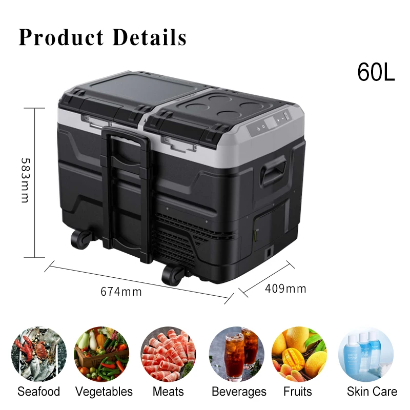 24V Rechargeable Dual Control Zones Wheel And Handle Coffe Truck 12V Car Refrigerator