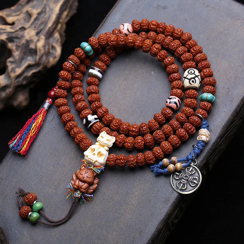 108 Bodhi Seed Buddhist Prayer Beads, Five-Petal Double Ridge Jade-Inlaid Agate Accessories
