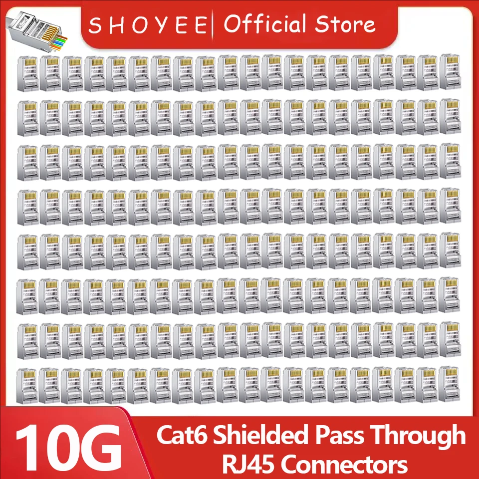 Cat 6 Shielded Pass Through RJ45 Connectors RJ45 Strain Relief Boots, 8P8C Modular Ethernet STP Network Cable Plug End for Cat6
