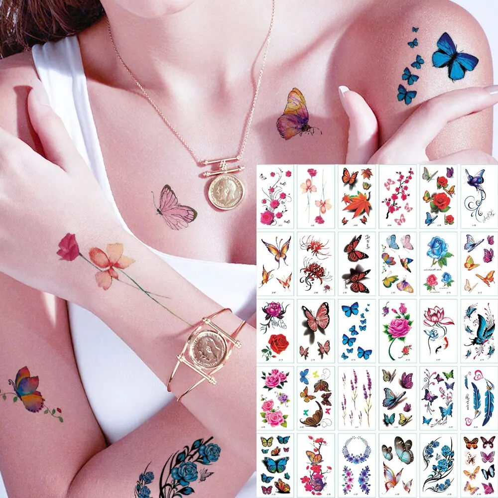 30pcs Waterproof Temporary Tattoo Sticker 3D Color Butterfly Rose Flower Feather Fake Tatto Tatoo Body Art For Girl Women Men