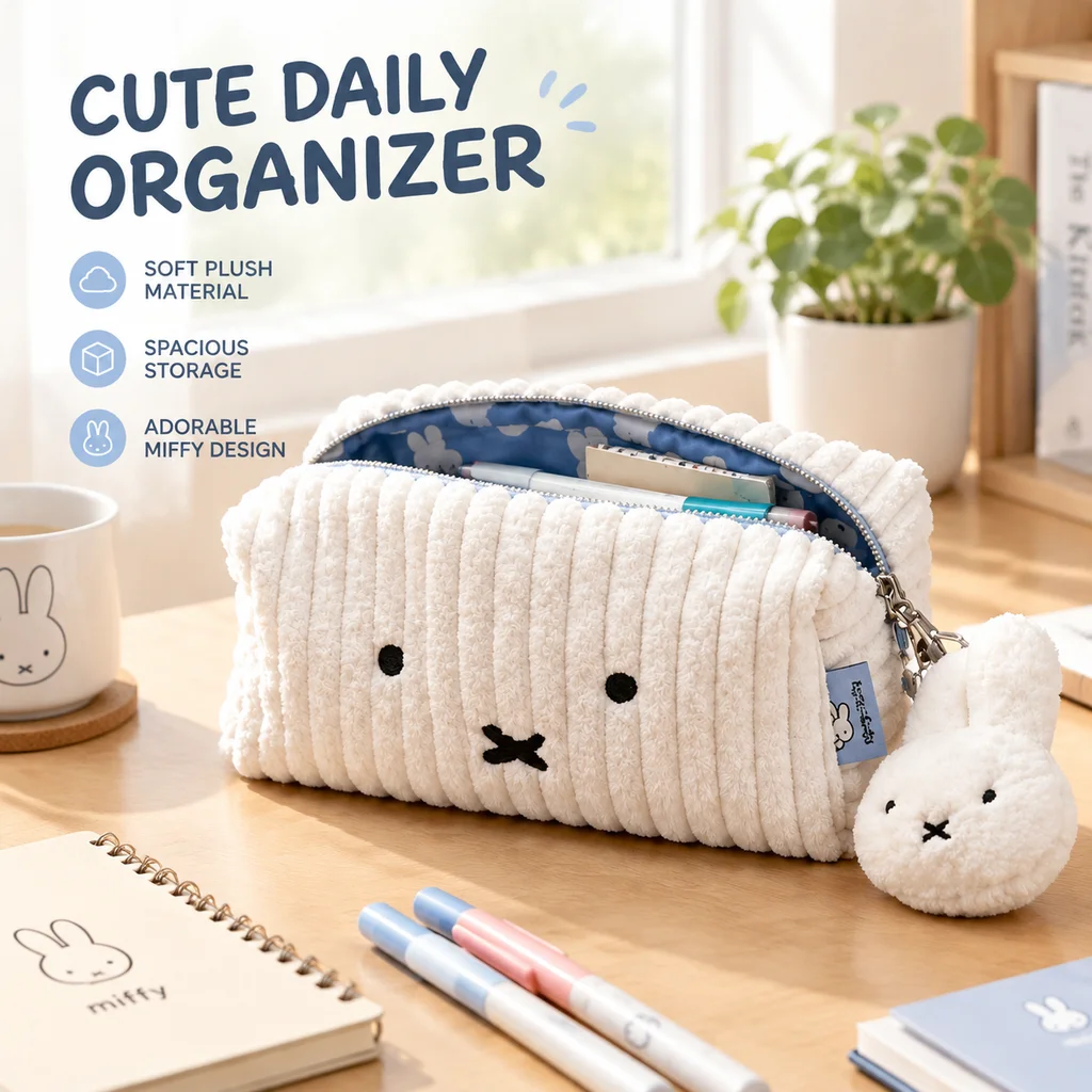 Miffy Plush Corduroy Pen Bag Large Capacity Makeup Pouch Stationery Organizer Pencil Case Simple Korean Style School Supply view 5