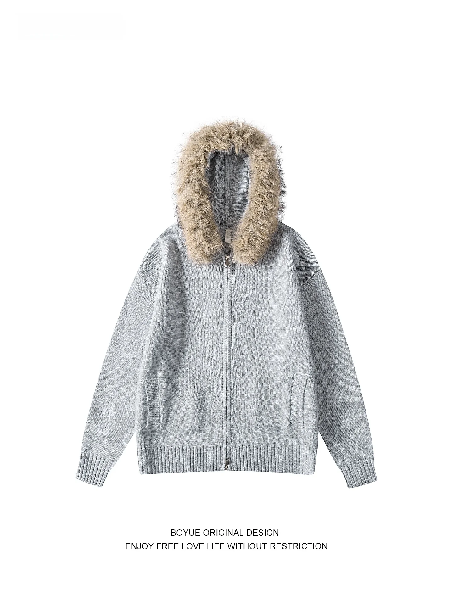 

Boyue American Retro Hooded Knitted Open Cardigan Men's Zipper Fur Collar Sweater Couple's Outerwear Detachable Polyester Fiber