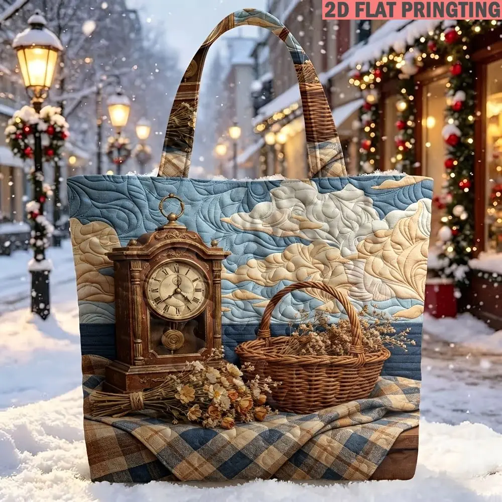 1pc Women's Quilted Tote Bag, Print Clock Basket Clouds Sky Plaid Fabric Pattern Multi-Functional Large Capacity Quilted Bag