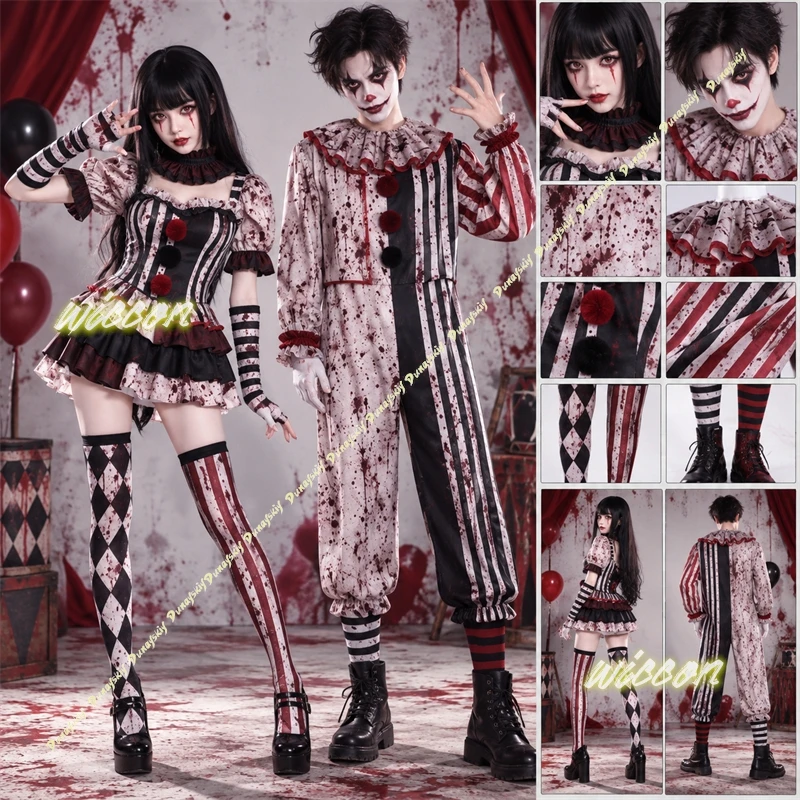 Clown Cosplay Costume Dark Bloodstains Jumpsuit Dress Scary Vampire Clothes Stage Performance Outfits Women Halloween Party​​​