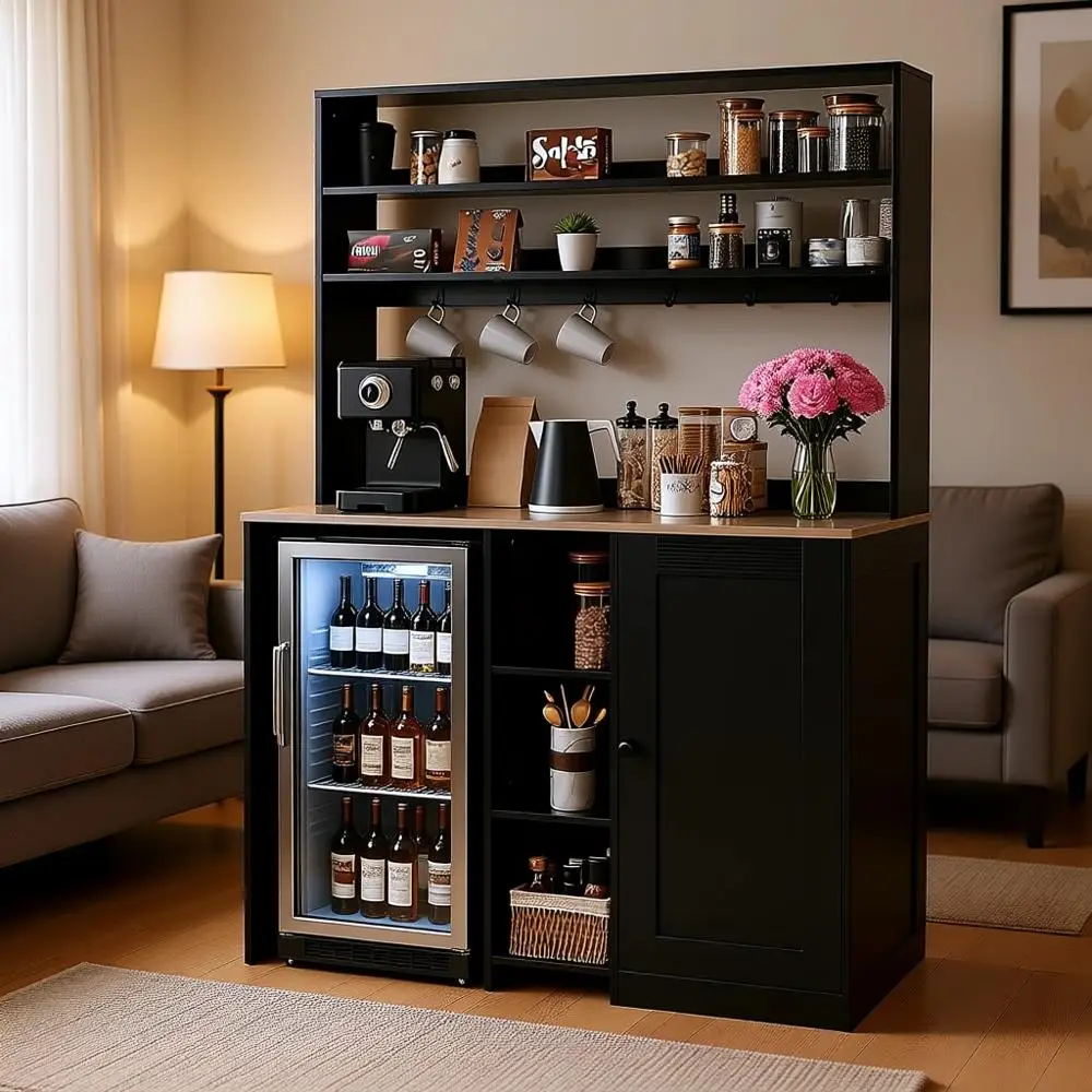 

Compact Storage Cabinet with Coffee Bar, Power Outlet, and Microwave Shelf for Beverage Stations in Dorms, Living Rooms, and Kit