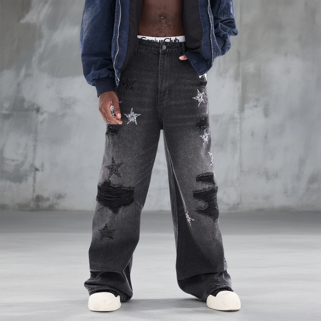 

Американские свободные прямые джинсы с надписью Bla Waed, мужские новые джинсы 2026 iny с блестками и принтом, повседневные прямые джинсы