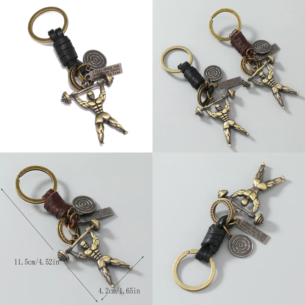 Handmade Woven Vintage Keychain for Creative Minimalist Style Alloy Weightlifting Pendant Key Ring for Backpack Accessory
