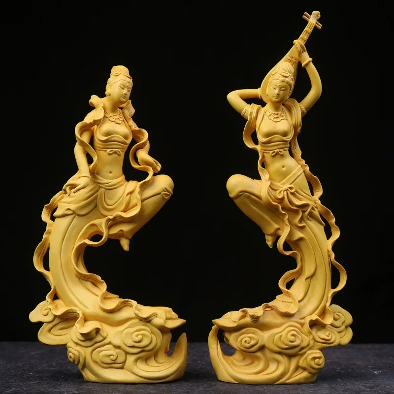 Yellow Boxwood Carved Dunhuang Flying Apsara Figurine - 18cm High, Elegant Lady Home Decor, Perfect Gift