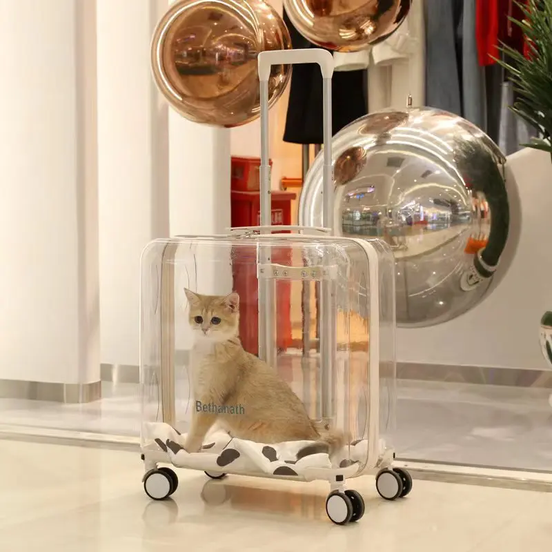 Small Pet Trolley Case Transparent Breathable Pet Cat Bag Portable Going Out Suitcase Transparent Cat Handbag