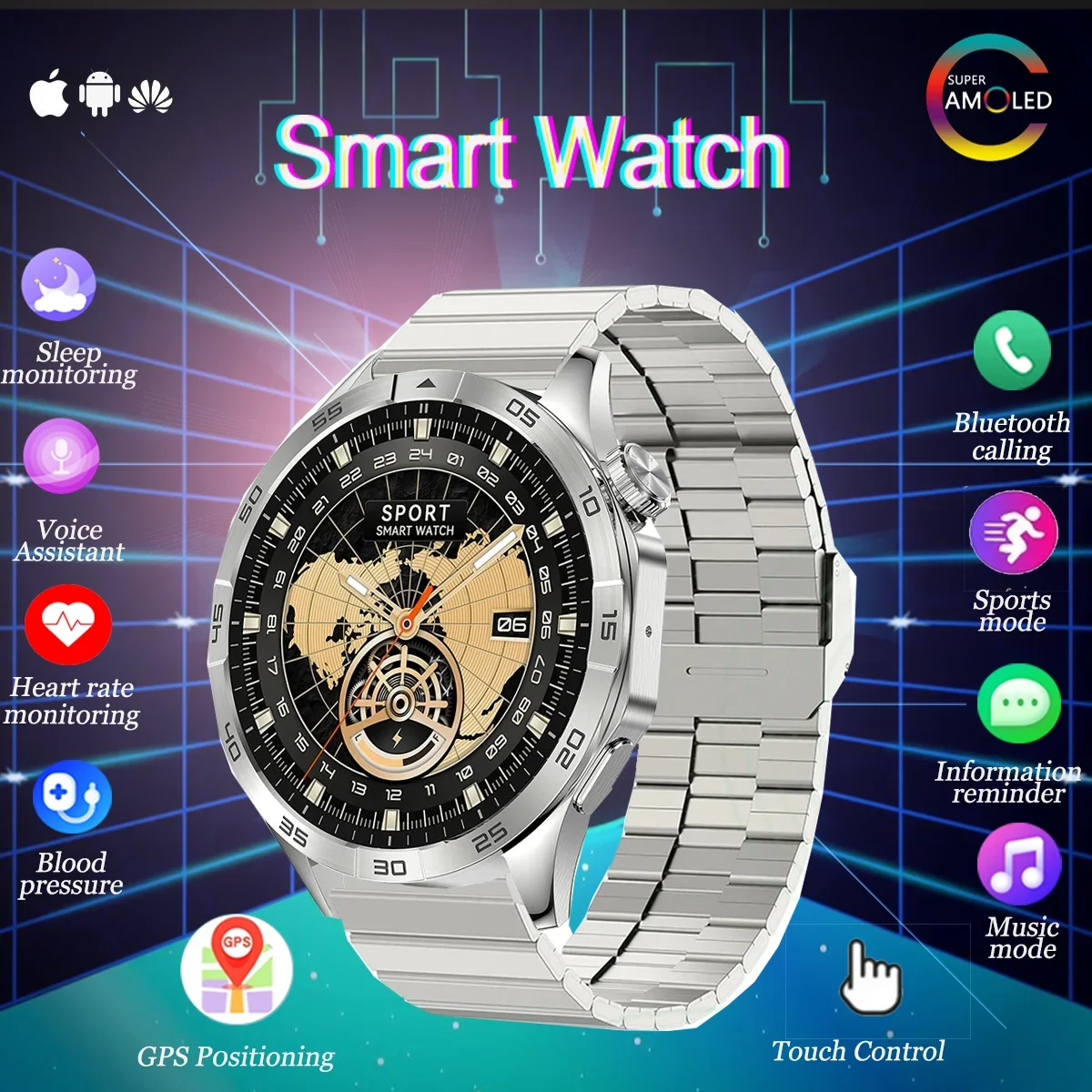 For Huawei  AMOLED Fitness Tracker IP68 Waterproof Men's Sport Smartwatch Bluetooth Call Smart Watch for women For Android  ios