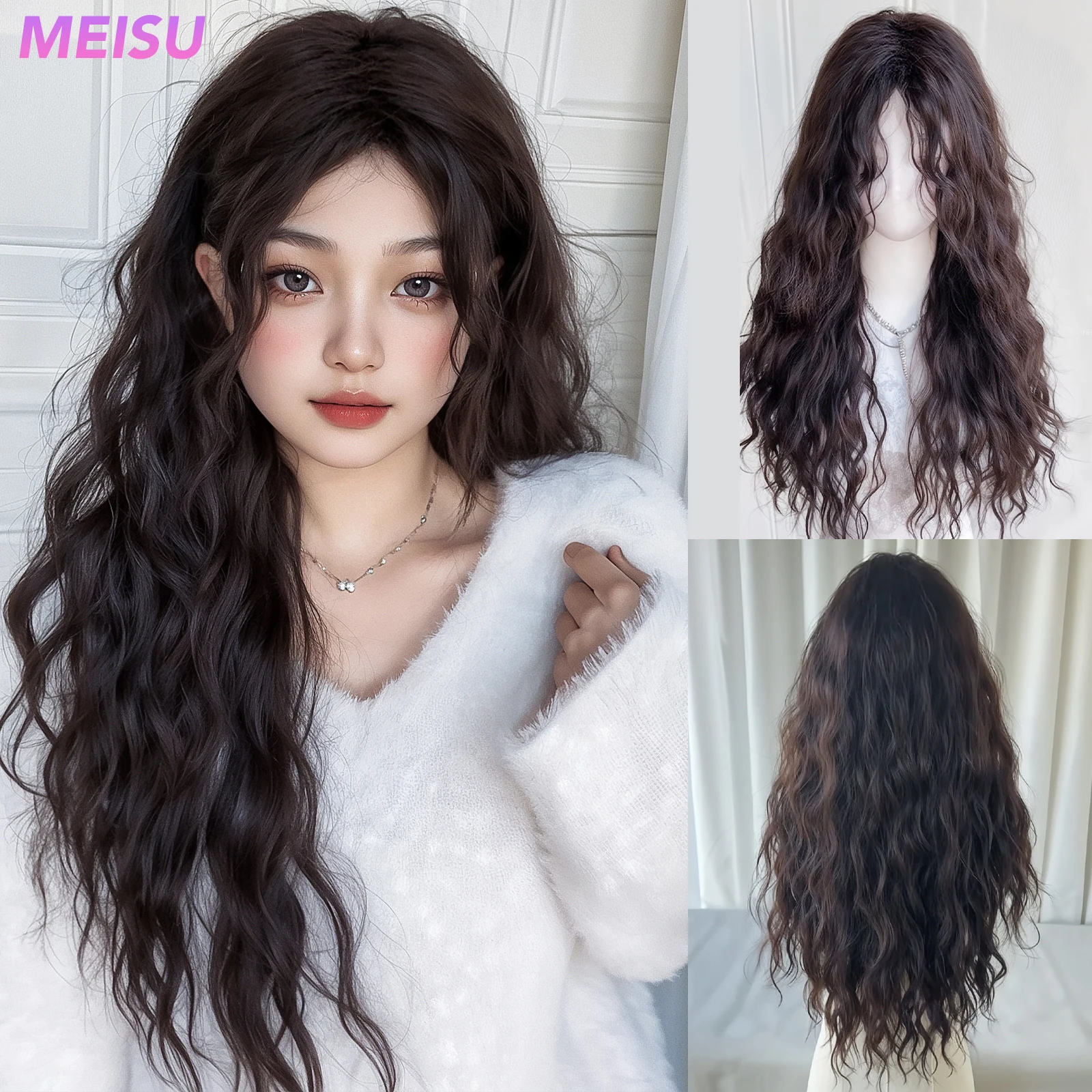 

MEISU 24 Inch Water Curly Wave Bangs Wig Fiber Synthetic Wig Heat-resistant Non-Glare Natural Soft Cosplay Hairpiece For Women