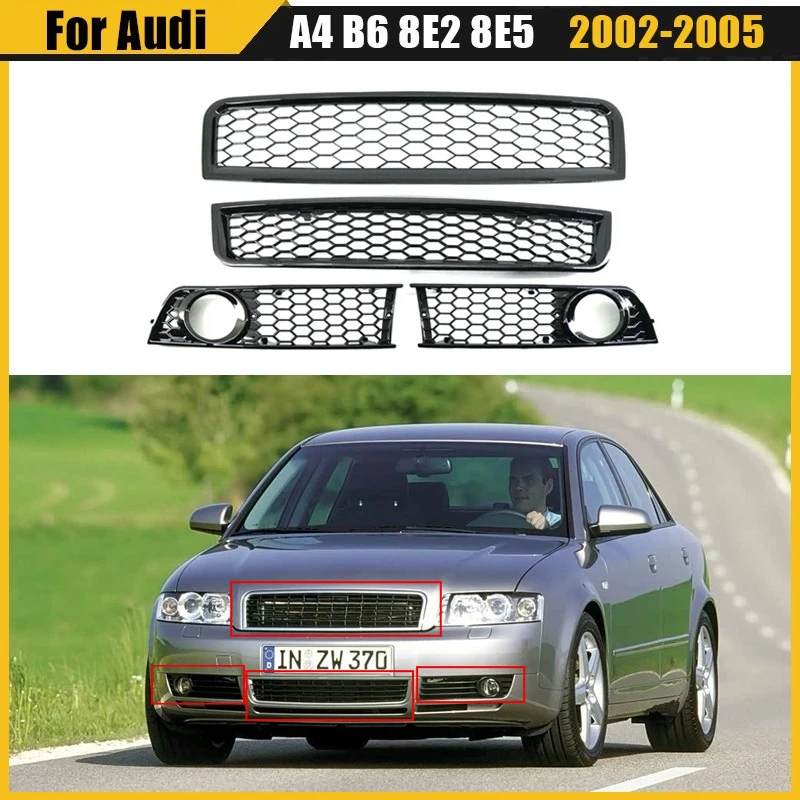 

Front Racing Grills For Audi A4 B6 8E2 8E5 2002 2003 2004 2005 Bumper Honeycomb Upper Lower Grillle Fog Light Grills Auto Parts