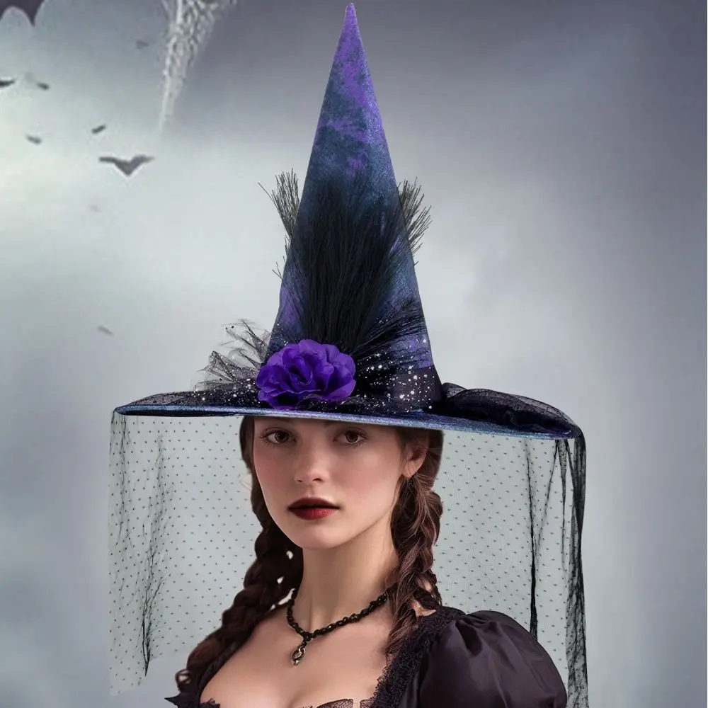 

Portable Purple Mesh Veil Wizard Cap Pendant Flower Halloween Witch Hats Oxford Decoration Scarecrow Patch Witch Hat Night club