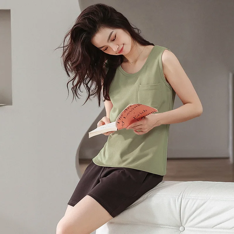 여름 새 코튼 여성 Nightwear 여성 느슨한 캐주얼 잠옷 레이디 민소매와 반바지 Sleepwear Cartoon Homewear