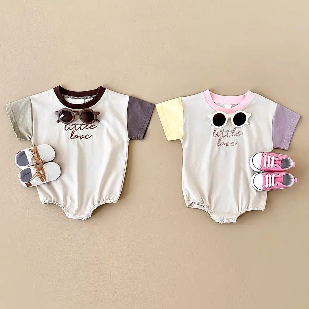 Infant Clothes Baby Romper 0-18M Summer Short Sleeve Boy Girl Babies Jumpsuit Color Patchwork Letter Embroidery Newborn Bodysuit