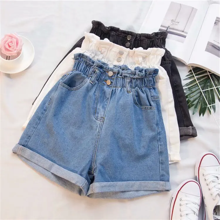 plus Size Women's Elastic Waist Denim Shorts Summer New Loose Slimming Versatile Flower Bud Cuffed Wide Leg Hot Pants