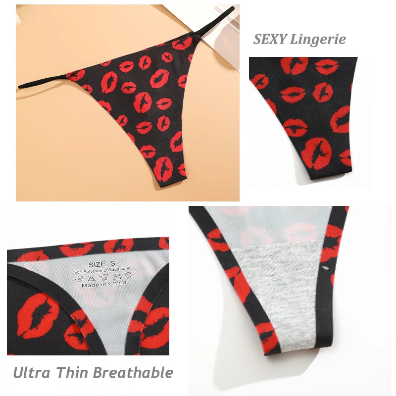 6PCS/Set Seamles Leopard Panties for Women Sexy Low Rise G-String Thongs Butterflies Red Lips Pattern T-Back Underwear Lingerie