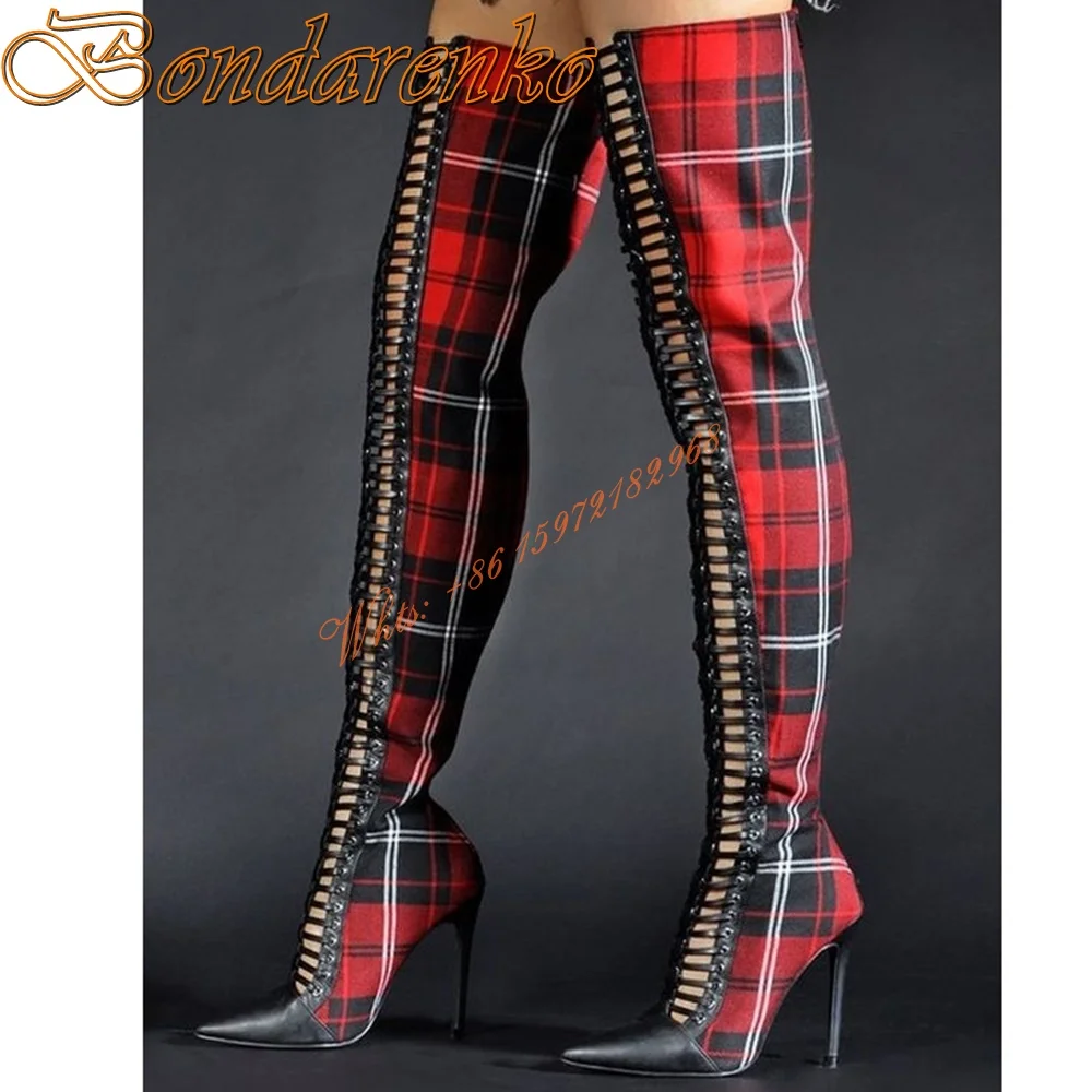 

Plaid Stripes Cross Tied Boots Hollow Lace Up Over The Knee Shoes Pointy Toe Stiletto Heels Zipper Boots Lady Party Prom Sexy