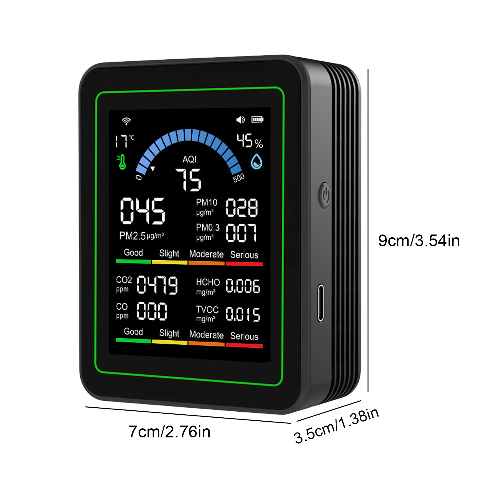 PM2.5 PM10 CO AQI CO2 TVOC HCHO 温度測定機能付き空気質テスター WiFiアプリによるPM2.5 PM10 CO AQIアラート機能付き 家庭用 車用 植物用 ペット用