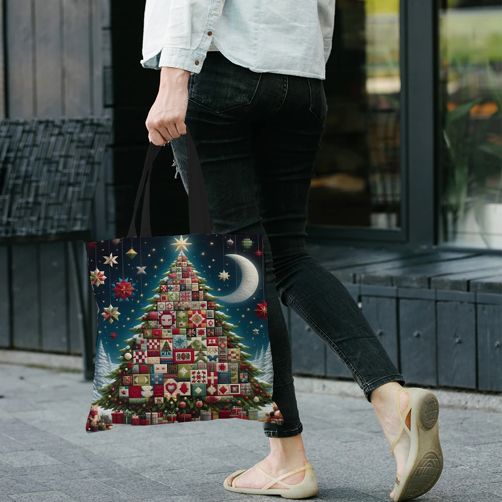 

4pcs Christmas Tree Linen Tote Bag Handbag Large Capacity Women Shoulder Bags