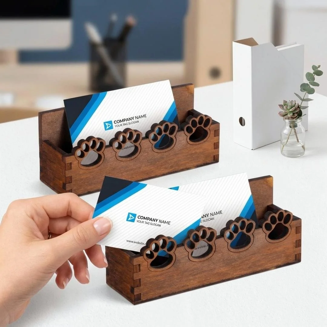 Dog Paw Business Card Holder for Desk Wooden Business Card Stand Postcard Organizer Wood Display Stand for Office Home Desktop