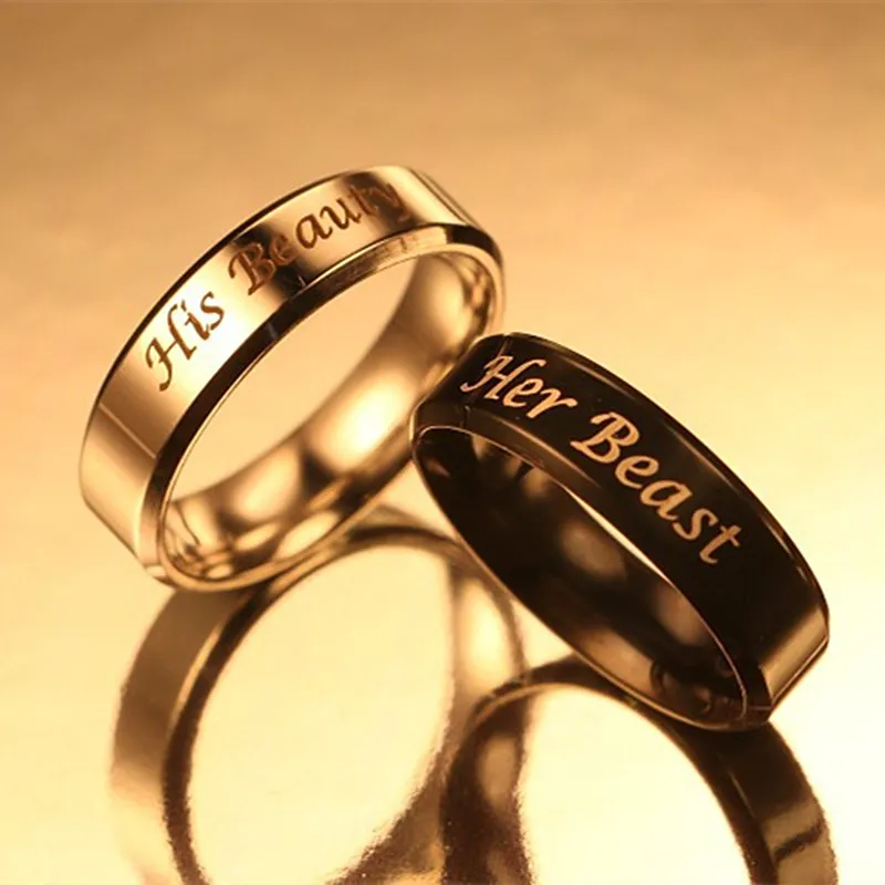 6mm IP Black plated color 316L stainless steel HIS BEAUTY and HER BEAST couple rings for lovers