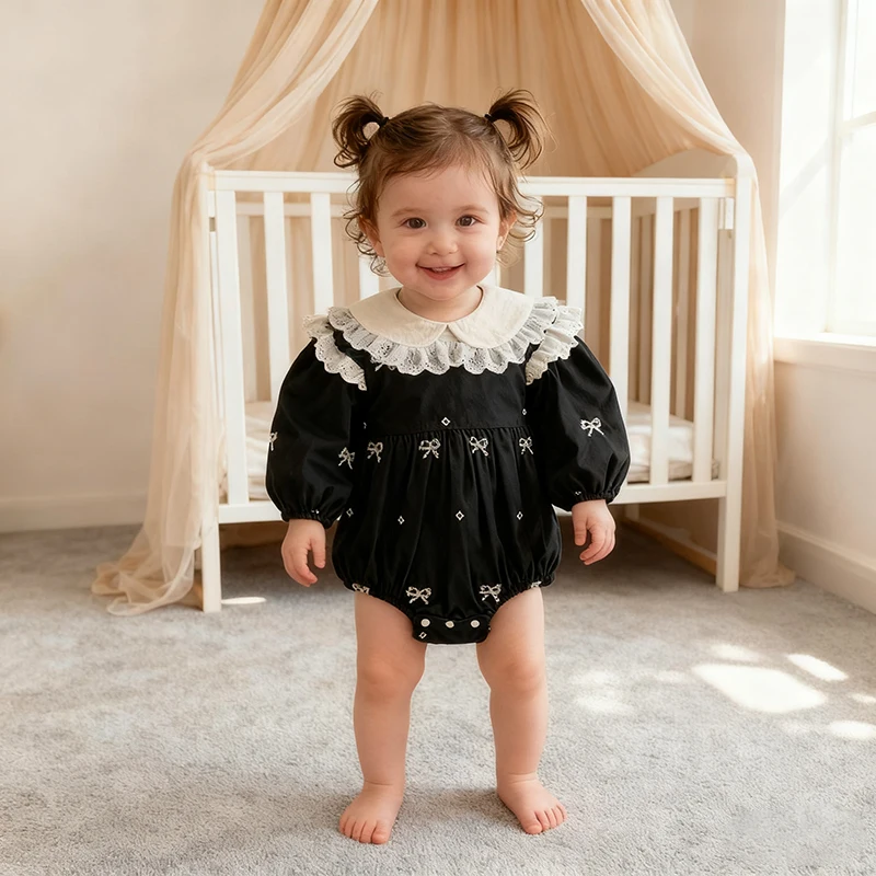 가을 0-24개월 아기 소녀 신상 의류 신생아 긴 소매 바디수트 리본 코튼 자수 유아 아기 소녀 점프수트