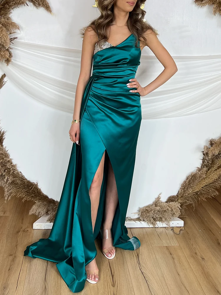 

Sleeveless Satin Dress Luxury Rhinestone Evening Prom Wedding Party Long Prom Gown Front Slit