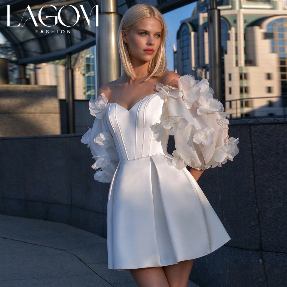 Lagom Elegant Off Shoulder Satin Wedding Dress 3D Floral Puff Sleeve Corset Elopement After Party Vestido De Novia Customized