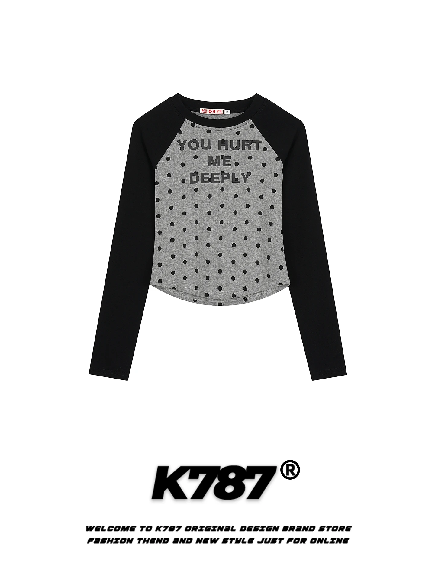 

Американская повседневная футболка в горошек с буквенным принтом, женская, приталенная, укороченная, с длинным рукавом, круглым вырезом, для ощущения прохлады