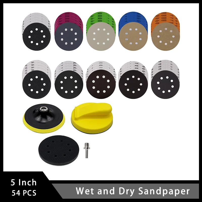 

5 Inch 8 Hole Wet and Dry Sanding Discs 54 Pcs with Soft Foam Buffering Pad M14 Backing Pad for Polishing Wood Metal Car